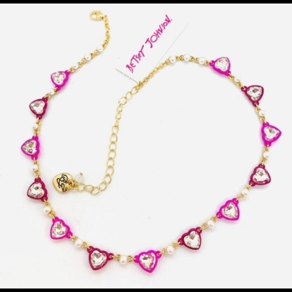 BETSEY JOHNSON Valentine Multi-Heart Pink & Red Crystal-Studded Necklace NEW NWT